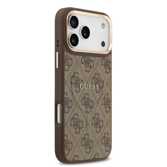 Apple iPhone 17 Pro Max Kılıf Guess Orjinal Lisanslı M-safe Şarj Özellikli Gold Metal Kamera Çerçeveli PU Deri 4G Desenli Yazı Logolu Kapak - 20