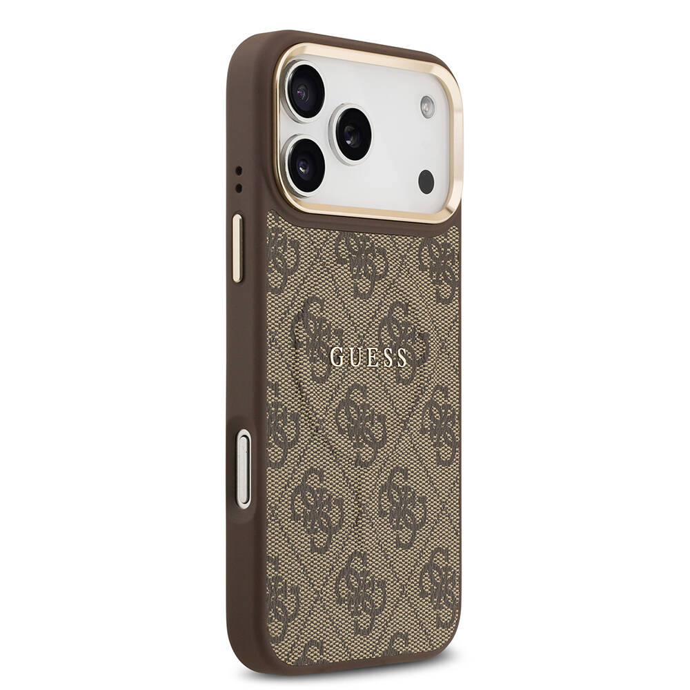 Apple iPhone 17 Pro Max Kılıf Guess Orjinal Lisanslı M-safe Şarj Özellikli Gold Metal Kamera Çerçeveli PU Deri 4G Desenli Yazı Logolu Kapak - 20