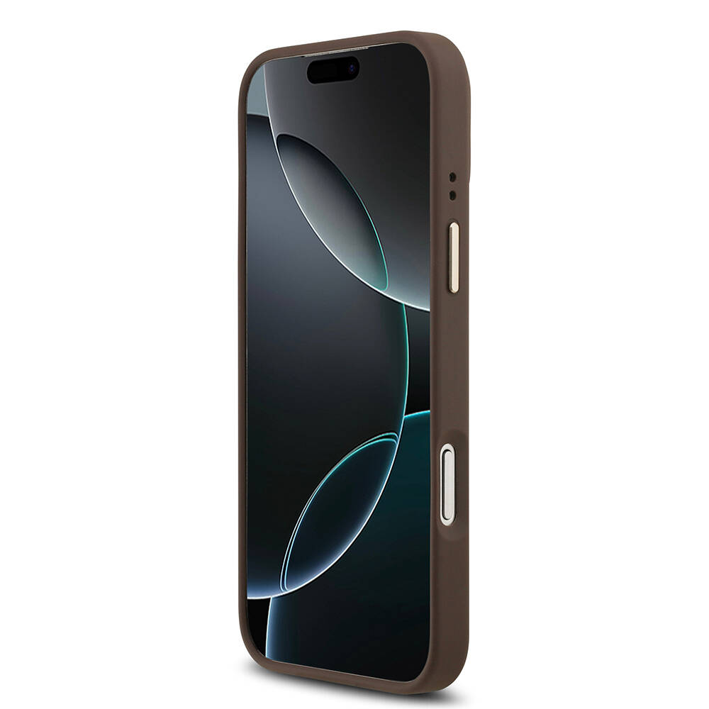 Apple iPhone 17 Pro Max Kılıf Guess Orjinal Lisanslı M-safe Şarj Özellikli Gold Metal Kamera Çerçeveli PU Deri 4G Desenli Yazı Logolu Kapak - 21