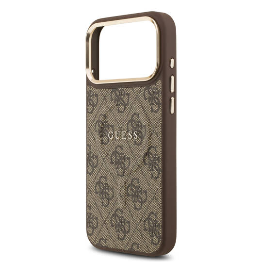 Apple iPhone 17 Pro Max Kılıf Guess Orjinal Lisanslı M-safe Şarj Özellikli Gold Metal Kamera Çerçeveli PU Deri 4G Desenli Yazı Logolu Kapak - 22