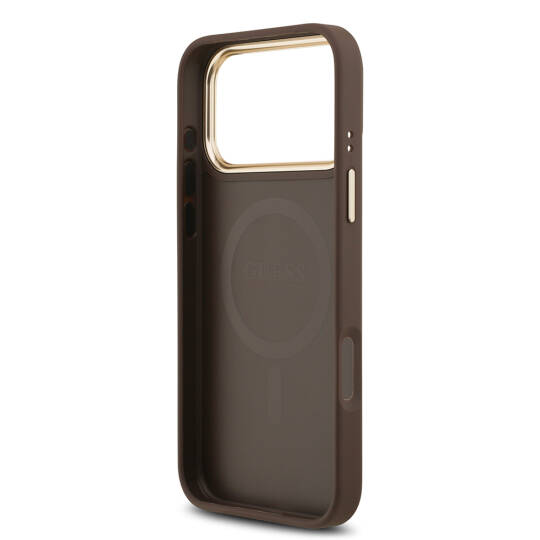 Apple iPhone 17 Pro Max Kılıf Guess Orjinal Lisanslı M-safe Şarj Özellikli Gold Metal Kamera Çerçeveli PU Deri 4G Desenli Yazı Logolu Kapak - 23