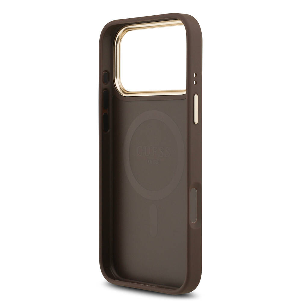 Apple iPhone 17 Pro Max Kılıf Guess Orjinal Lisanslı M-safe Şarj Özellikli Gold Metal Kamera Çerçeveli PU Deri 4G Desenli Yazı Logolu Kapak - 23