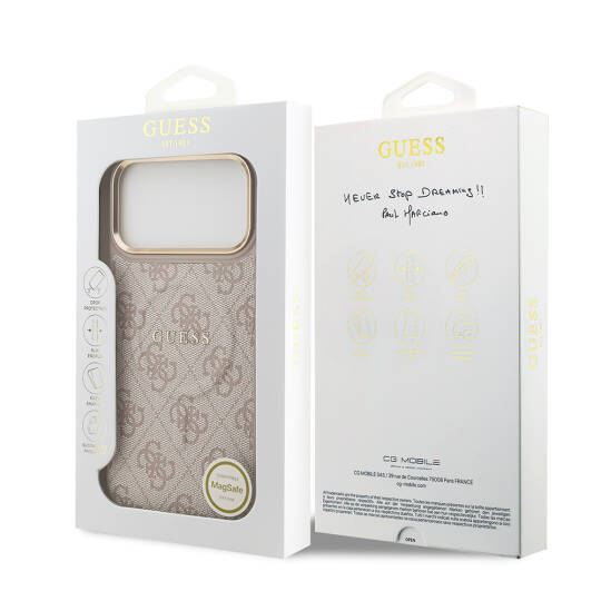 Apple iPhone 17 Pro Max Kılıf Guess Orjinal Lisanslı M-safe Şarj Özellikli Gold Metal Kamera Çerçeveli PU Deri 4G Desenli Yazı Logolu Kapak - 24