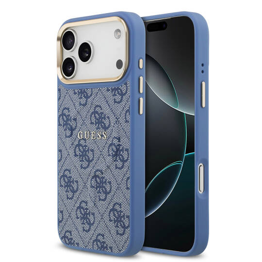 Apple iPhone 17 Pro Max Kılıf Guess Orjinal Lisanslı M-safe Şarj Özellikli Gold Metal Kamera Çerçeveli PU Deri 4G Desenli Yazı Logolu Kapak - 4