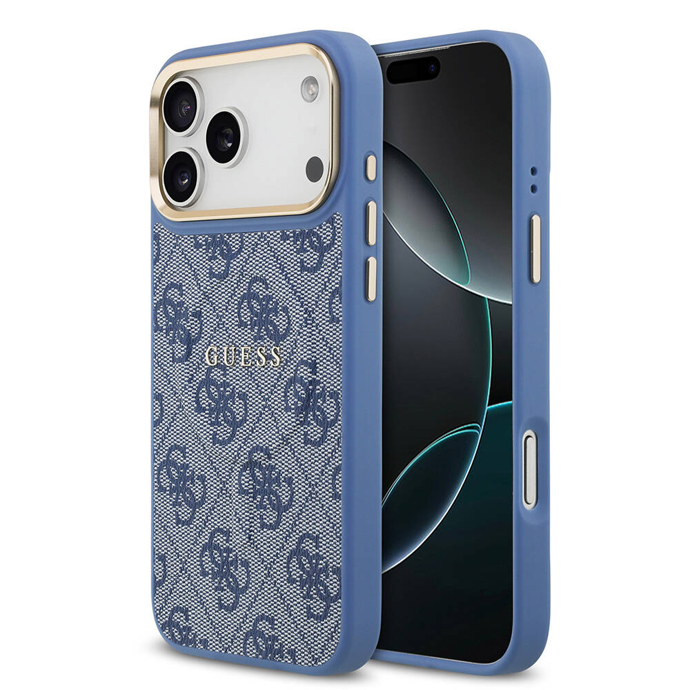 Apple iPhone 17 Pro Max Kılıf Guess Orjinal Lisanslı M-safe Şarj Özellikli Gold Metal Kamera Çerçeveli PU Deri 4G Desenli Yazı Logolu Kapak - 4