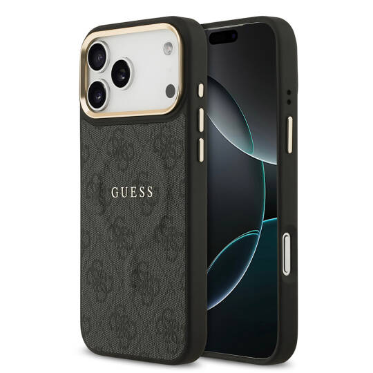 Apple iPhone 17 Pro Max Kılıf Guess Orjinal Lisanslı M-safe Şarj Özellikli Gold Metal Kamera Çerçeveli PU Deri 4G Desenli Yazı Logolu Kapak - 3