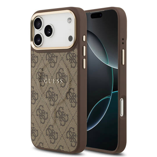 Apple iPhone 17 Pro Max Kılıf Guess Orjinal Lisanslı M-safe Şarj Özellikli Gold Metal Kamera Çerçeveli PU Deri 4G Desenli Yazı Logolu Kapak - 2