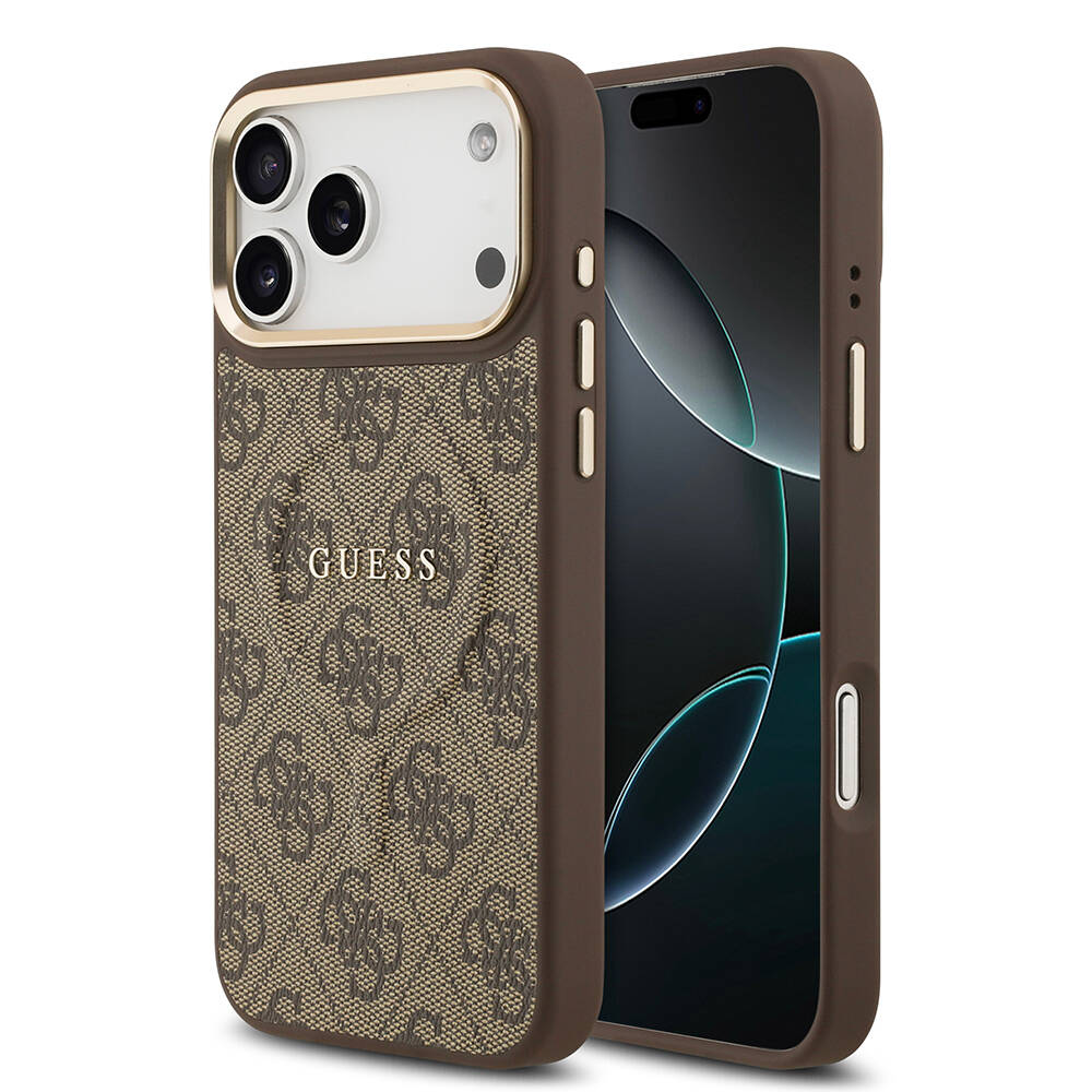 Apple iPhone 17 Pro Max Kılıf Guess Orjinal Lisanslı M-safe Şarj Özellikli Gold Metal Kamera Çerçeveli PU Deri 4G Desenli Yazı Logolu Kapak - 2