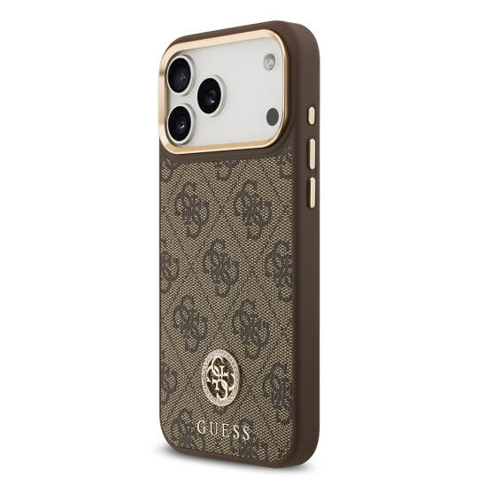 Apple iPhone 17 Pro Max Kılıf Guess Orjinal Lisanslı M-safe Şarj Özellikli Gold Metal Kamera Çerçeveli Taşlı 4G Logolu Kapak - 5