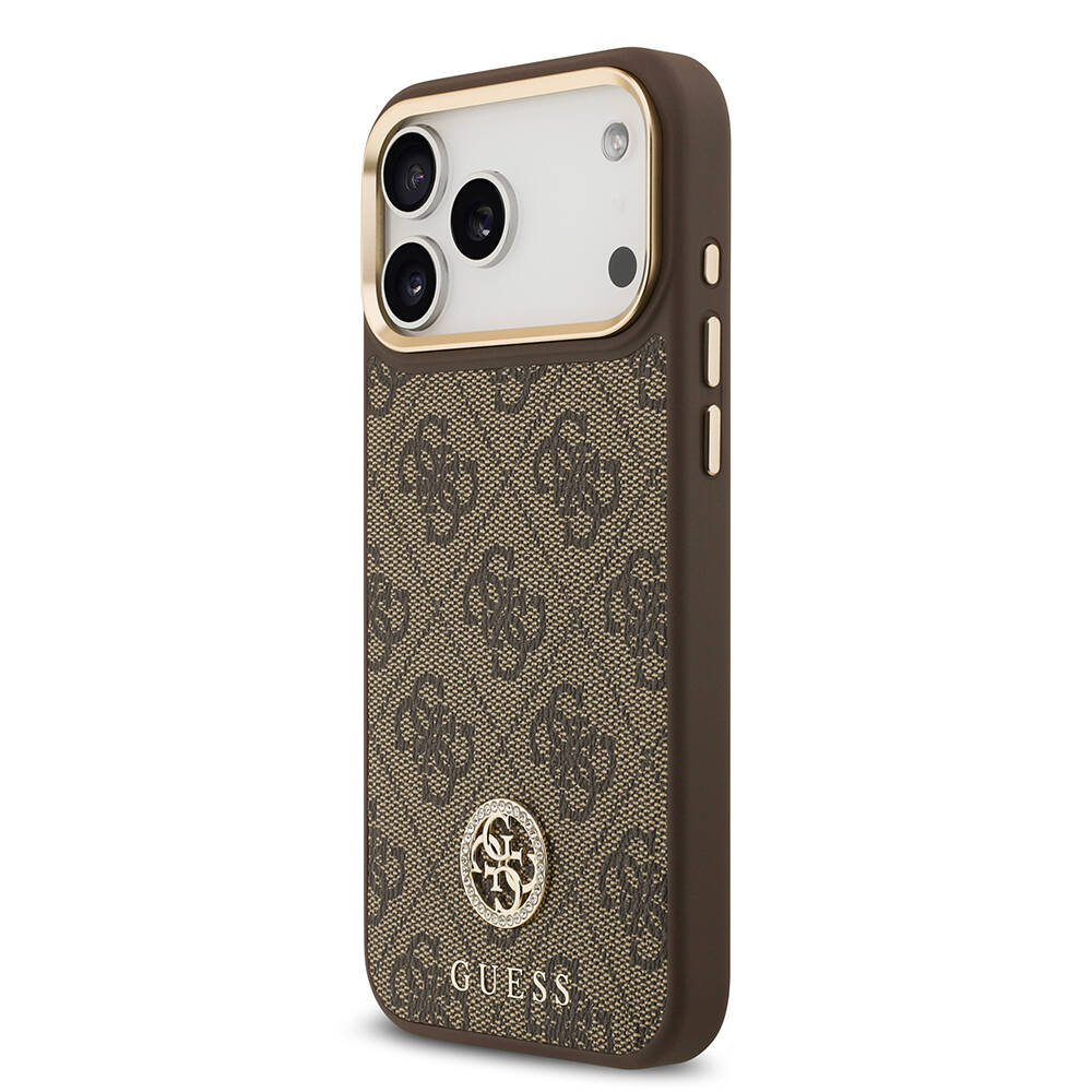 Apple iPhone 17 Pro Max Kılıf Guess Orjinal Lisanslı M-safe Şarj Özellikli Gold Metal Kamera Çerçeveli Taşlı 4G Logolu Kapak - 5