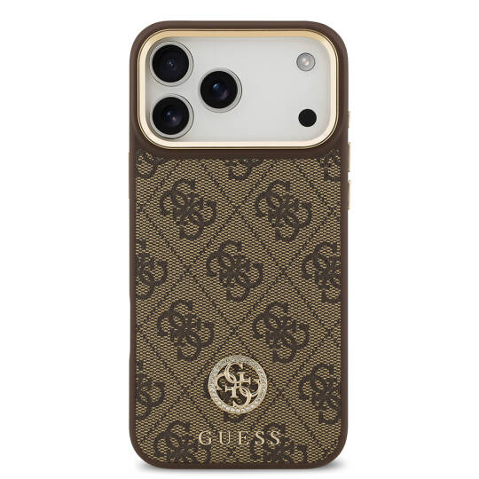 Apple iPhone 17 Pro Max Kılıf Guess Orjinal Lisanslı M-safe Şarj Özellikli Gold Metal Kamera Çerçeveli Taşlı 4G Logolu Kapak - 6