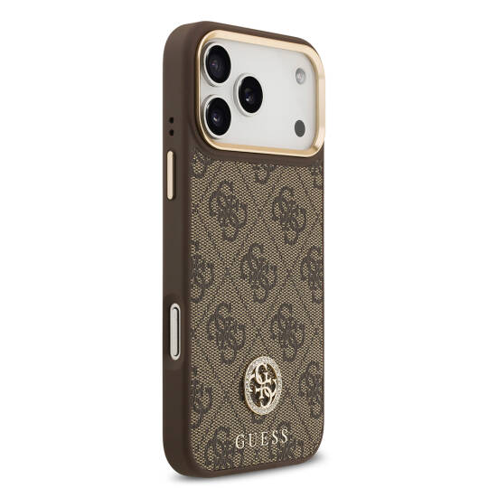 Apple iPhone 17 Pro Max Kılıf Guess Orjinal Lisanslı M-safe Şarj Özellikli Gold Metal Kamera Çerçeveli Taşlı 4G Logolu Kapak - 7