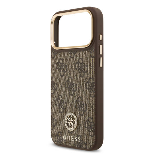 Apple iPhone 17 Pro Max Kılıf Guess Orjinal Lisanslı M-safe Şarj Özellikli Gold Metal Kamera Çerçeveli Taşlı 4G Logolu Kapak - 9