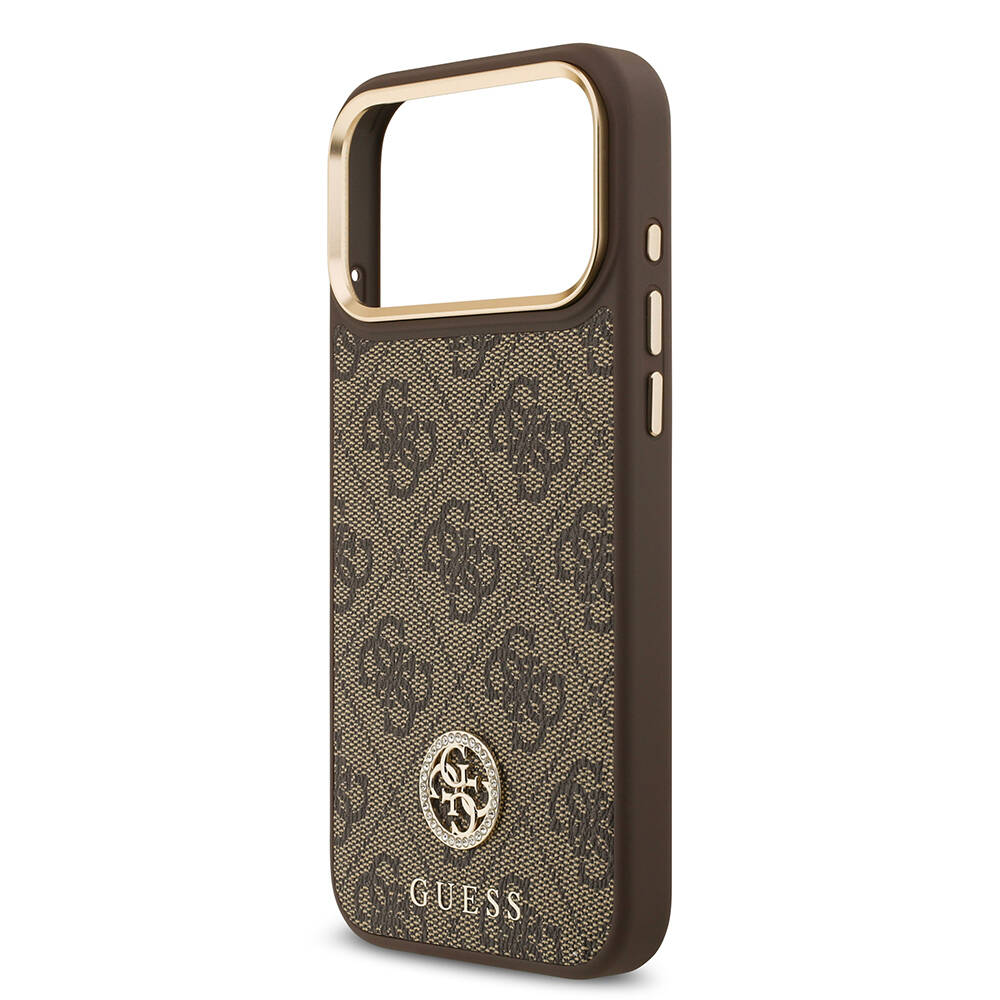 Apple iPhone 17 Pro Max Kılıf Guess Orjinal Lisanslı M-safe Şarj Özellikli Gold Metal Kamera Çerçeveli Taşlı 4G Logolu Kapak - 9