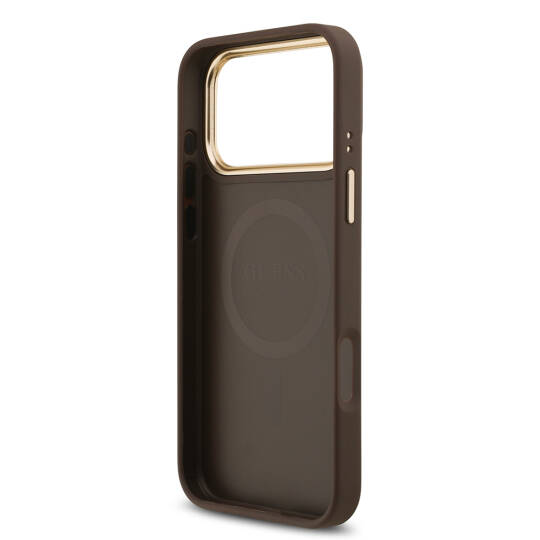 Apple iPhone 17 Pro Max Kılıf Guess Orjinal Lisanslı M-safe Şarj Özellikli Gold Metal Kamera Çerçeveli Taşlı 4G Logolu Kapak - 10