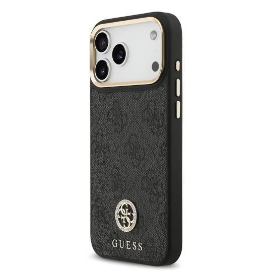 Apple iPhone 17 Pro Max Kılıf Guess Orjinal Lisanslı M-safe Şarj Özellikli Gold Metal Kamera Çerçeveli Taşlı 4G Logolu Kapak - 11