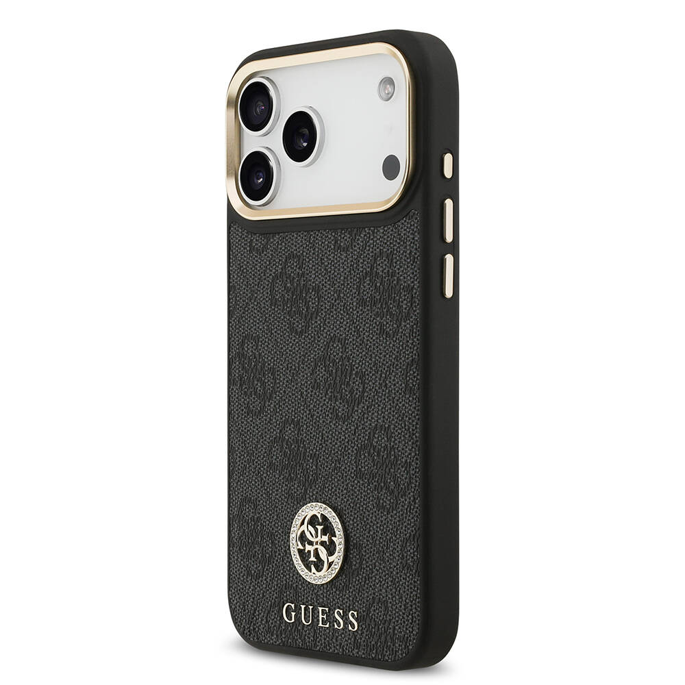 Apple iPhone 17 Pro Max Kılıf Guess Orjinal Lisanslı M-safe Şarj Özellikli Gold Metal Kamera Çerçeveli Taşlı 4G Logolu Kapak - 11