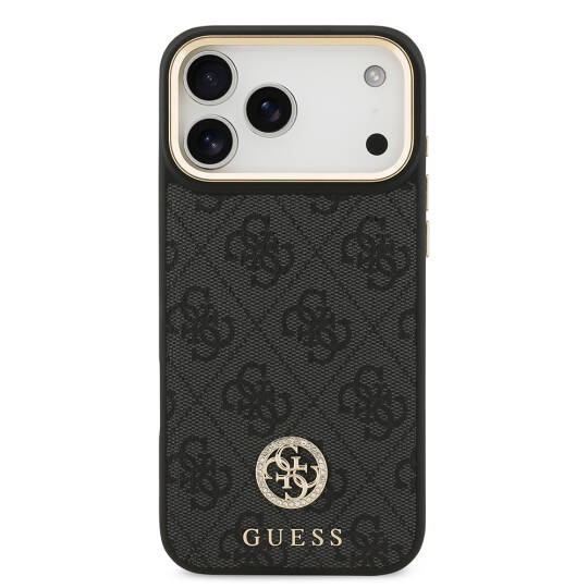 Apple iPhone 17 Pro Max Kılıf Guess Orjinal Lisanslı M-safe Şarj Özellikli Gold Metal Kamera Çerçeveli Taşlı 4G Logolu Kapak - 12