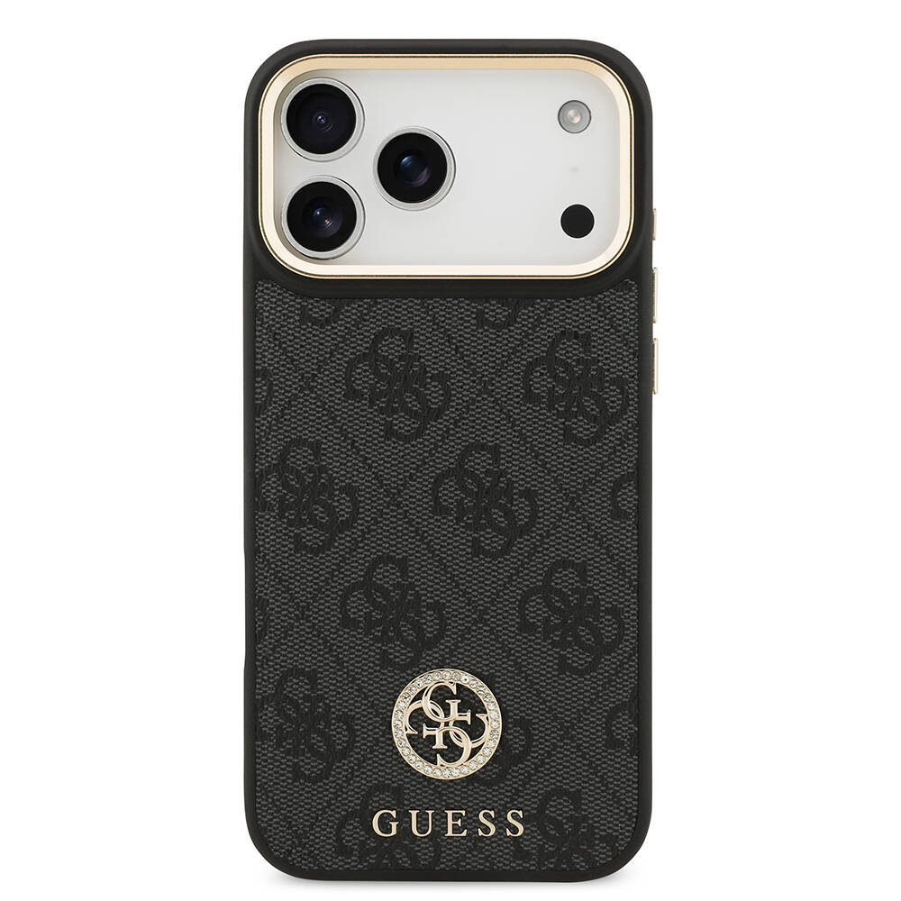 Apple iPhone 17 Pro Max Kılıf Guess Orjinal Lisanslı M-safe Şarj Özellikli Gold Metal Kamera Çerçeveli Taşlı 4G Logolu Kapak - 12