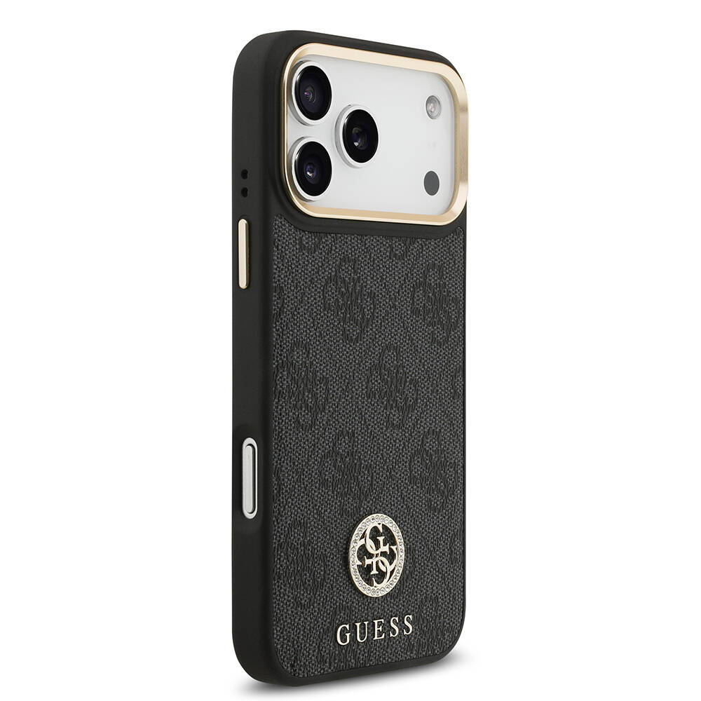 Apple iPhone 17 Pro Max Kılıf Guess Orjinal Lisanslı M-safe Şarj Özellikli Gold Metal Kamera Çerçeveli Taşlı 4G Logolu Kapak - 13