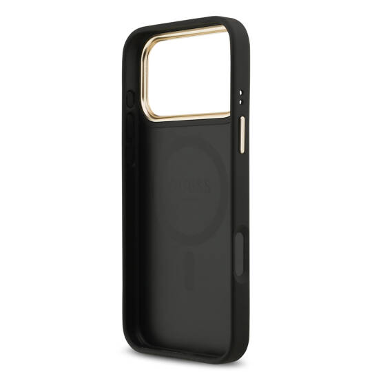 Apple iPhone 17 Pro Max Kılıf Guess Orjinal Lisanslı M-safe Şarj Özellikli Gold Metal Kamera Çerçeveli Taşlı 4G Logolu Kapak - 16