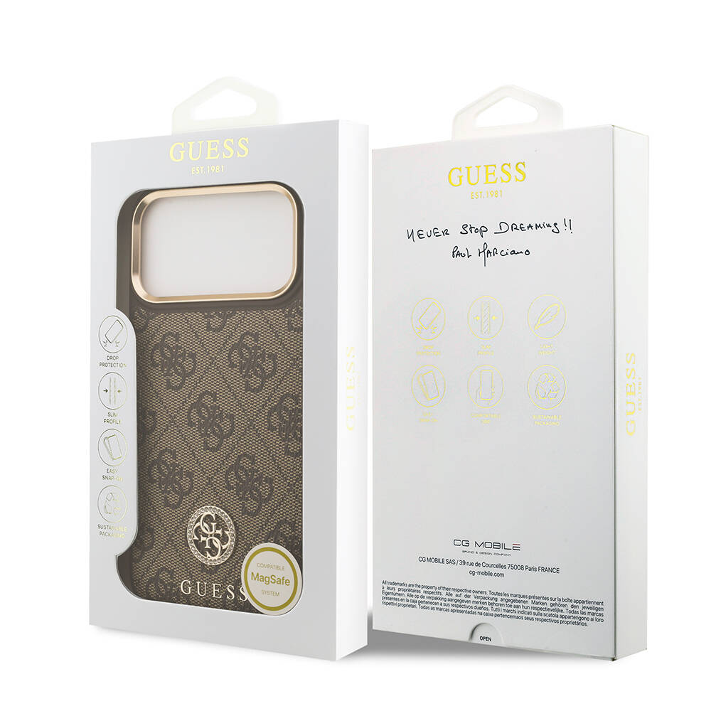 Apple iPhone 17 Pro Max Kılıf Guess Orjinal Lisanslı M-safe Şarj Özellikli Gold Metal Kamera Çerçeveli Taşlı 4G Logolu Kapak - 17