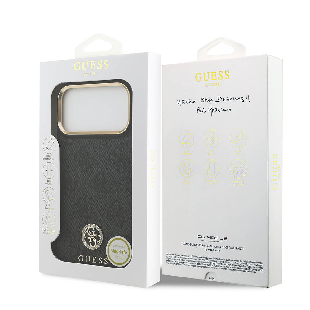 Apple iPhone 17 Pro Max Kılıf Guess Orjinal Lisanslı M-safe Şarj Özellikli Gold Metal Kamera Çerçeveli Taşlı 4G Logolu Kapak - 18