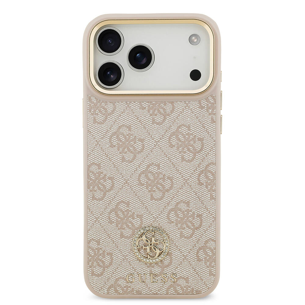 Apple iPhone 17 Pro Max Kılıf Guess Orjinal Lisanslı M-safe Şarj Özellikli Gold Metal Kamera Çerçeveli Taşlı 4G Logolu Kapak - 20
