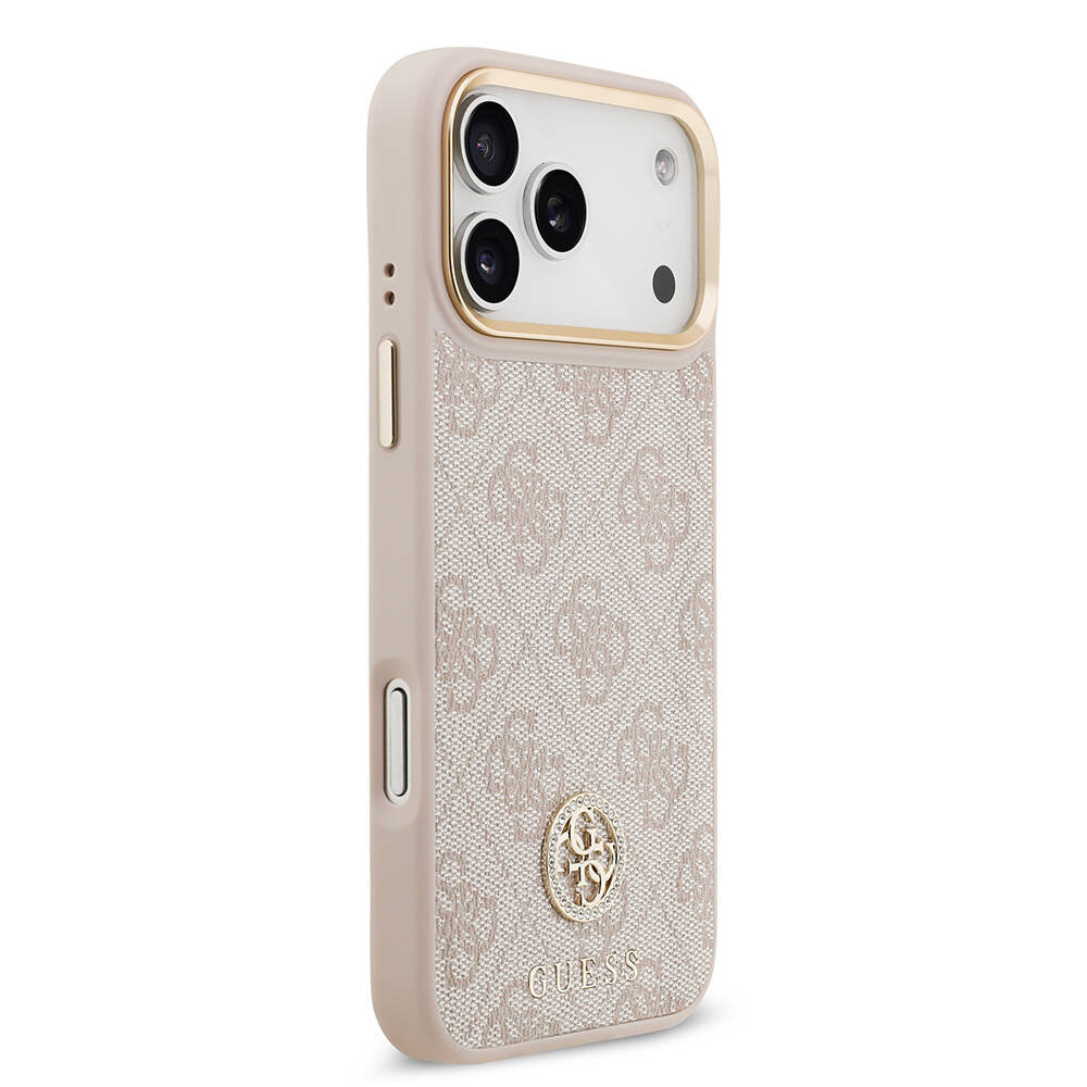 Apple iPhone 17 Pro Max Kılıf Guess Orjinal Lisanslı M-safe Şarj Özellikli Gold Metal Kamera Çerçeveli Taşlı 4G Logolu Kapak - 21