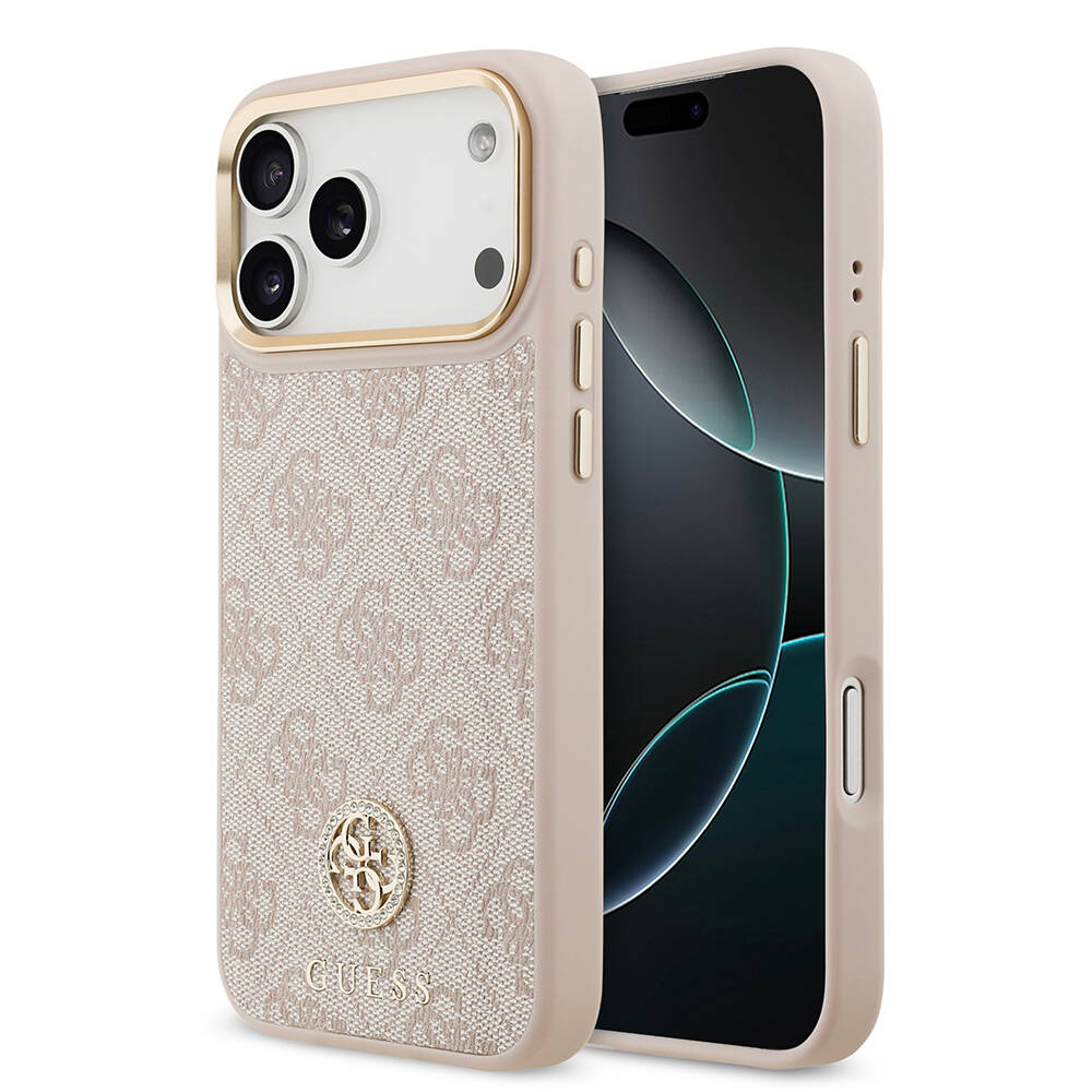 Apple iPhone 17 Pro Max Kılıf Guess Orjinal Lisanslı M-safe Şarj Özellikli Gold Metal Kamera Çerçeveli Taşlı 4G Logolu Kapak - 3