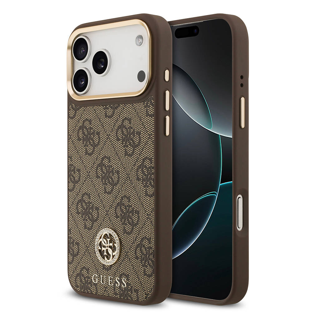 Apple iPhone 17 Pro Max Kılıf Guess Orjinal Lisanslı M-safe Şarj Özellikli Gold Metal Kamera Çerçeveli Taşlı 4G Logolu Kapak - 1