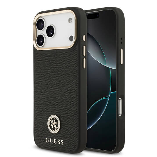 Apple iPhone 17 Pro Max Kılıf Guess Orjinal Lisanslı M-safe Şarj Özellikli Grained Yazı ve Taşlı 4G Logolu Kapak - 4