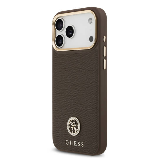 Apple iPhone 17 Pro Max Kılıf Guess Orjinal Lisanslı M-safe Şarj Özellikli Grained Yazı ve Taşlı 4G Logolu Kapak - 19