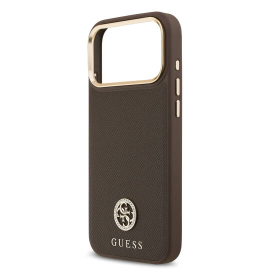 Apple iPhone 17 Pro Max Kılıf Guess Orjinal Lisanslı M-safe Şarj Özellikli Grained Yazı ve Taşlı 4G Logolu Kapak - 23