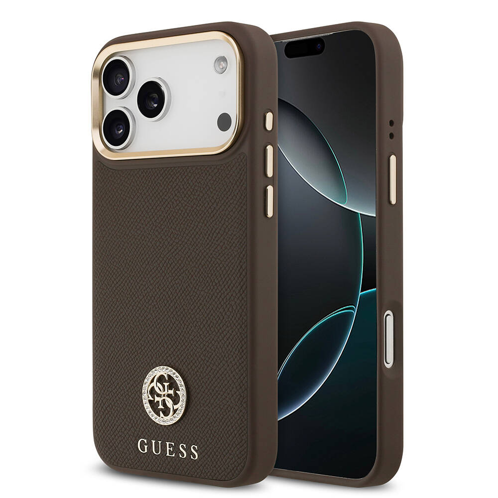 Apple iPhone 17 Pro Max Kılıf Guess Orjinal Lisanslı M-safe Şarj Özellikli Grained Yazı ve Taşlı 4G Logolu Kapak - 3