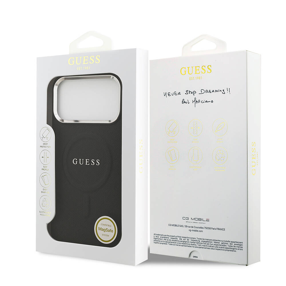 Apple iPhone 17 Pro Max Kılıf Guess Orjinal Lisanslı M-safe Şarj Özellikli Klasik Yazı Logolu PU Deri Kapak - 17