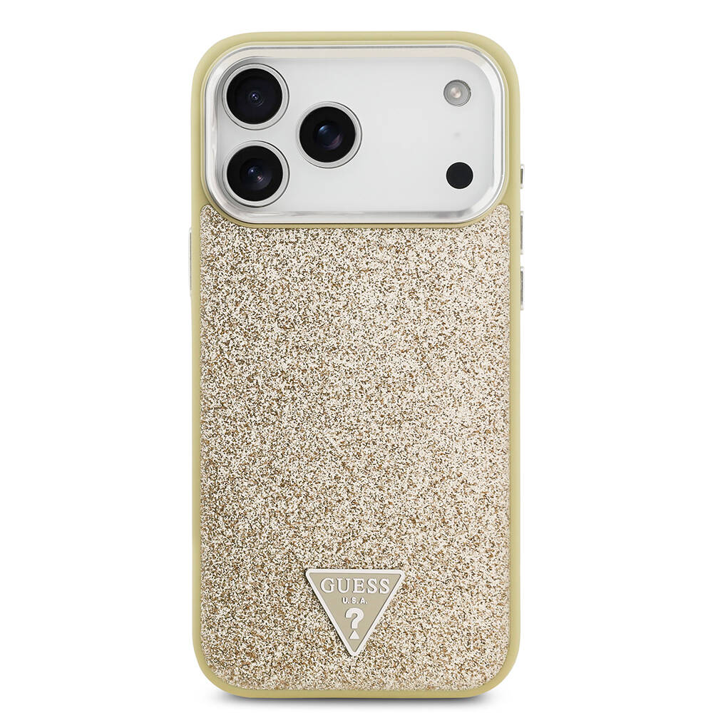 Apple iPhone 17 Pro Max Kılıf Guess Orjinal Lisanslı M-safe Şarj Özellikli Metal Kamera Çerçeveli Üçgen Logolu Glitter Kapak - 13