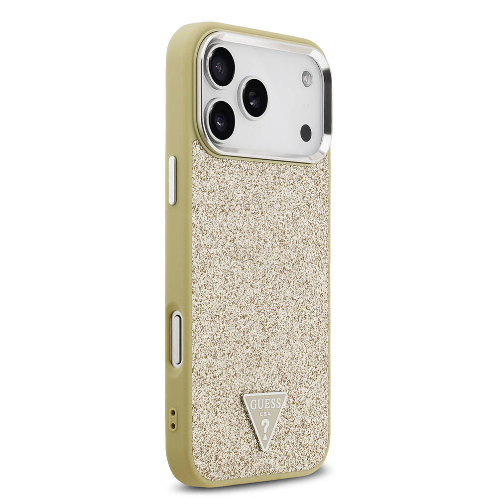 Apple iPhone 17 Pro Max Kılıf Guess Orjinal Lisanslı M-safe Şarj Özellikli Metal Kamera Çerçeveli Üçgen Logolu Glitter Kapak - 14