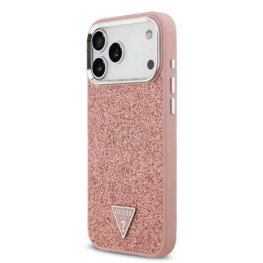 Apple iPhone 17 Pro Max Kılıf Guess Orjinal Lisanslı M-safe Şarj Özellikli Metal Kamera Çerçeveli Üçgen Logolu Glitter Kapak - 18