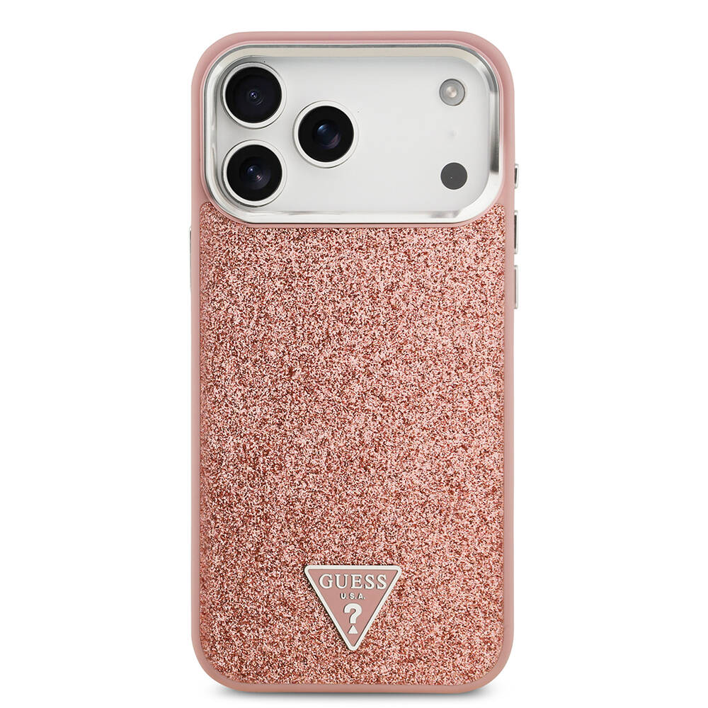Apple iPhone 17 Pro Max Kılıf Guess Orjinal Lisanslı M-safe Şarj Özellikli Metal Kamera Çerçeveli Üçgen Logolu Glitter Kapak - 19