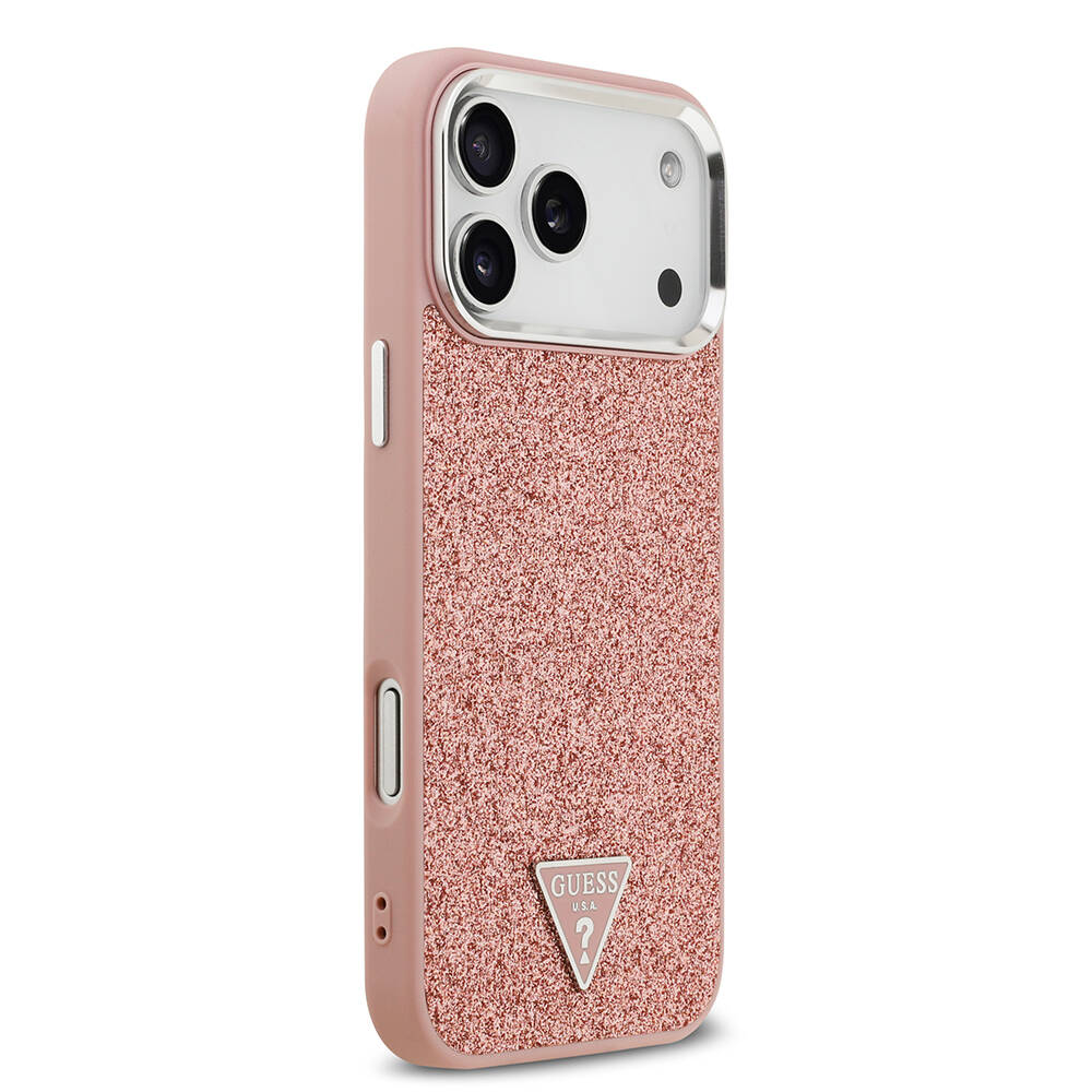 Apple iPhone 17 Pro Max Kılıf Guess Orjinal Lisanslı M-safe Şarj Özellikli Metal Kamera Çerçeveli Üçgen Logolu Glitter Kapak - 20
