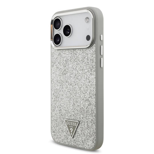 Apple iPhone 17 Pro Max Kılıf Guess Orjinal Lisanslı M-safe Şarj Özellikli Metal Kamera Çerçeveli Üçgen Logolu Glitter Kapak - 24
