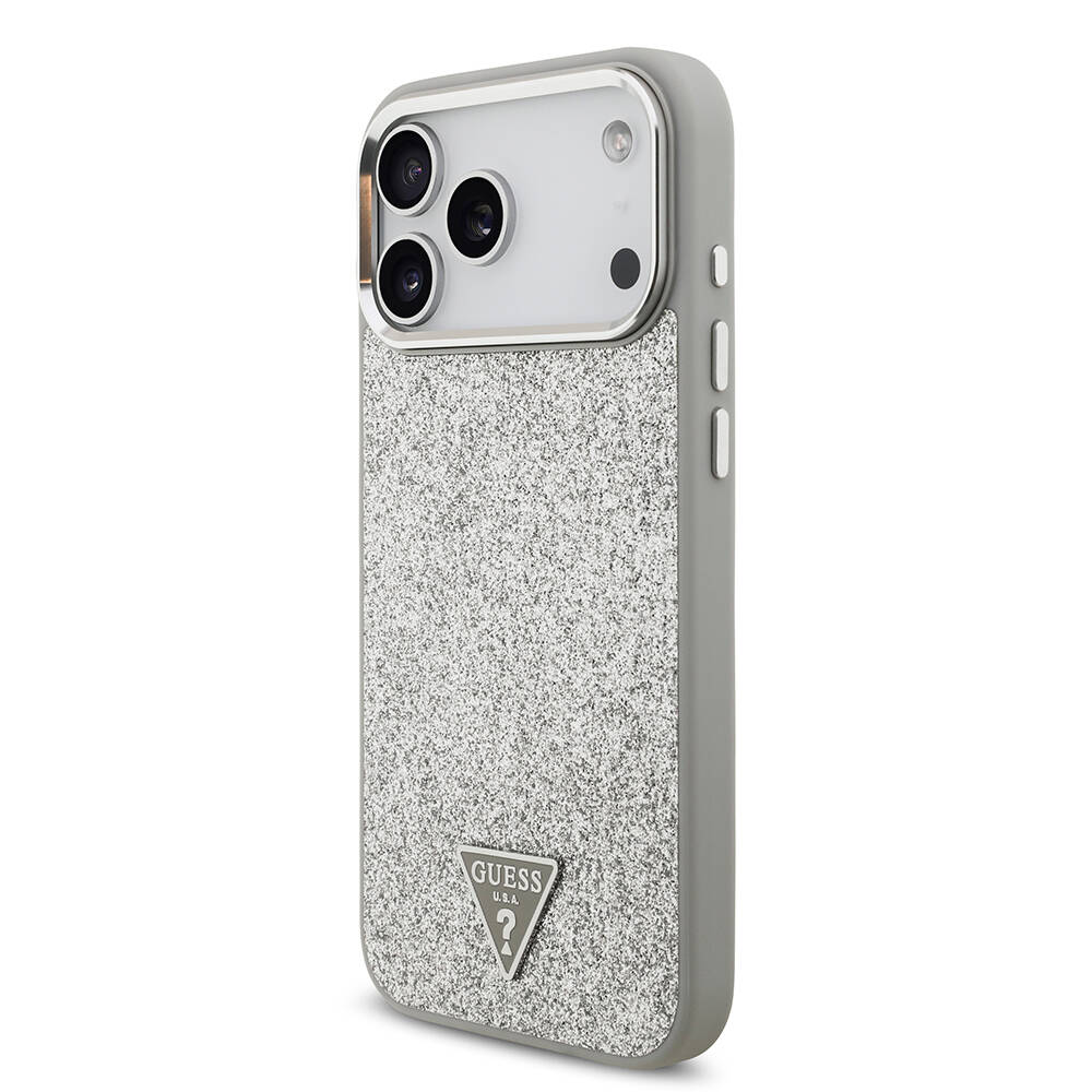 Apple iPhone 17 Pro Max Kılıf Guess Orjinal Lisanslı M-safe Şarj Özellikli Metal Kamera Çerçeveli Üçgen Logolu Glitter Kapak - 24