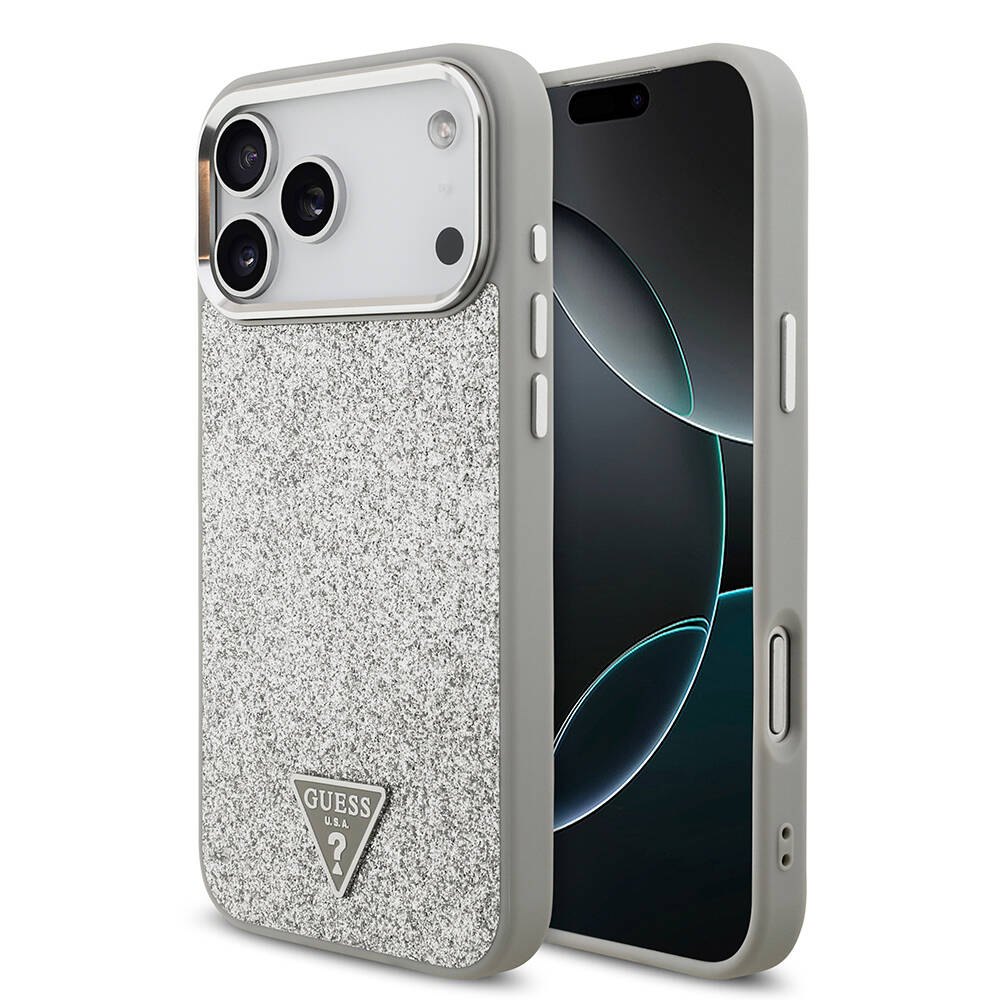 Apple iPhone 17 Pro Max Kılıf Guess Orjinal Lisanslı M-safe Şarj Özellikli Metal Kamera Çerçeveli Üçgen Logolu Glitter Kapak - 2