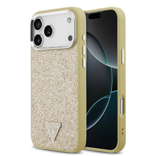 Apple iPhone 17 Pro Max Kılıf Guess Orjinal Lisanslı M-safe Şarj Özellikli Metal Kamera Çerçeveli Üçgen Logolu Glitter Kapak