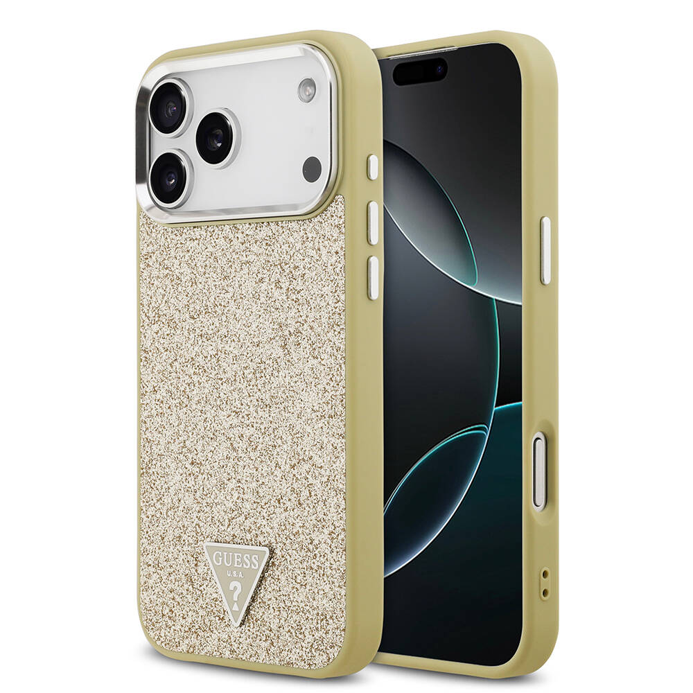 Apple iPhone 17 Pro Max Kılıf Guess Orjinal Lisanslı M-safe Şarj Özellikli Metal Kamera Çerçeveli Üçgen Logolu Glitter Kapak - 1