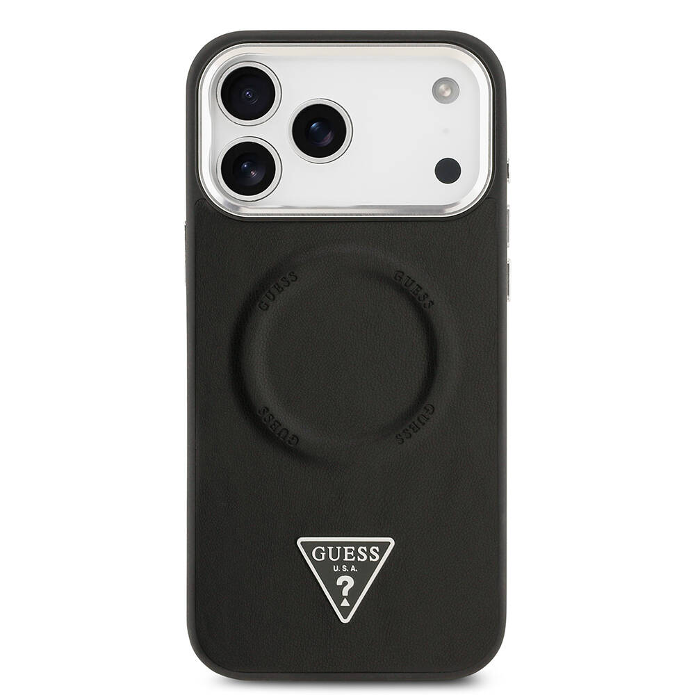 Apple iPhone 17 Pro Max Kılıf Guess Orjinal Lisanslı M-safe Şarj Özellikli PU Deri Metal Kamera Çerçeveli Üçgen Logolu Kapak - 5
