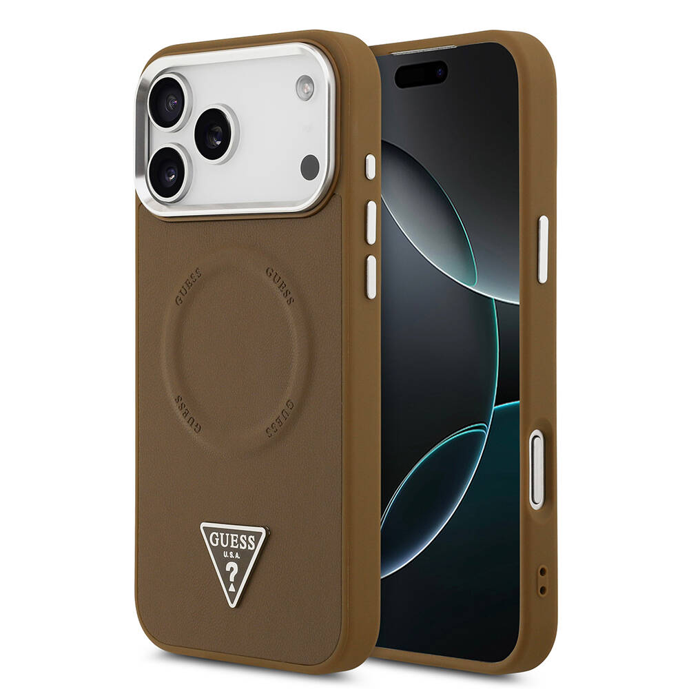 Apple iPhone 17 Pro Max Kılıf Guess Orjinal Lisanslı M-safe Şarj Özellikli PU Deri Metal Kamera Çerçeveli Üçgen Logolu Kapak - 2