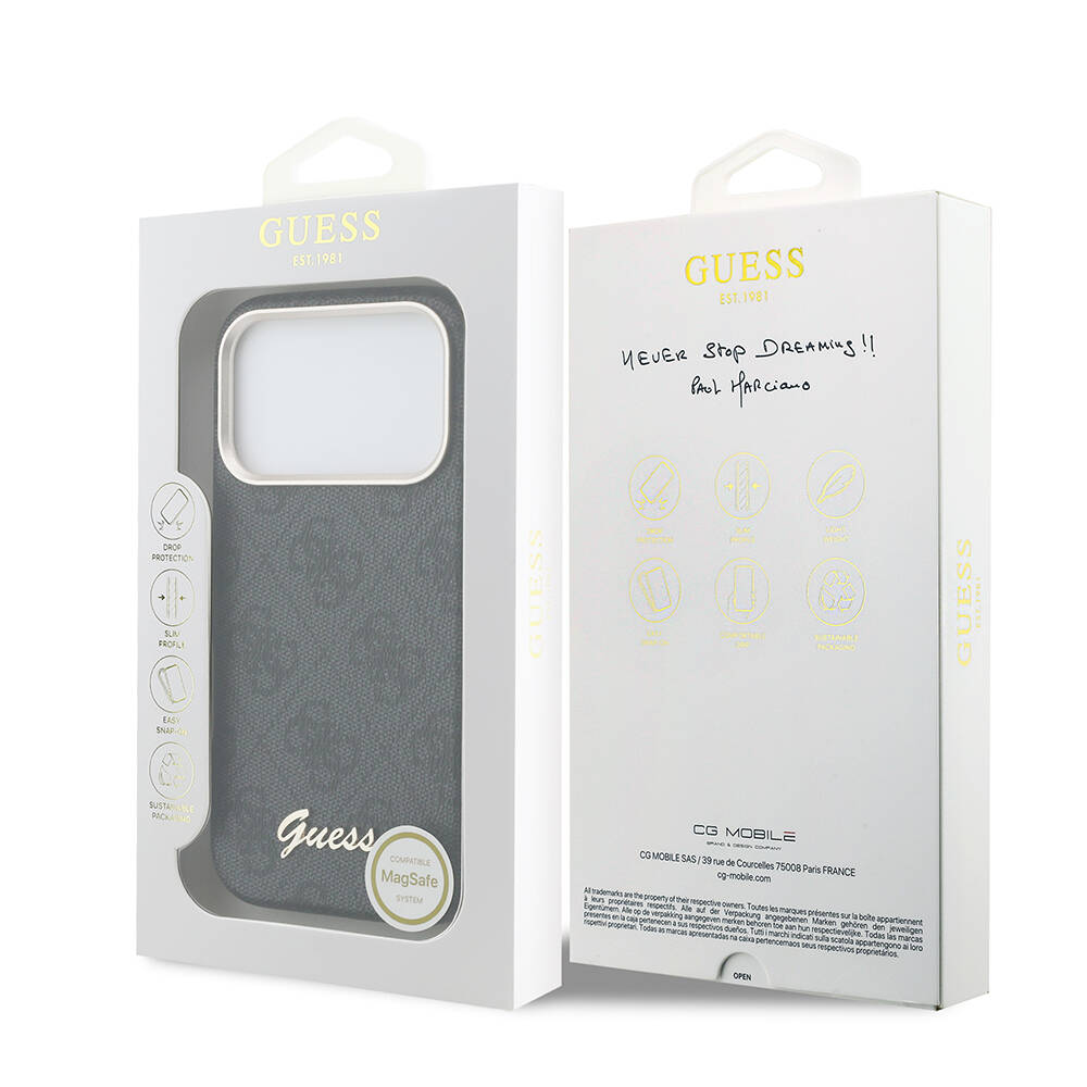 Apple iPhone 17 Pro Max Kılıf Guess Orjinal Lisanslı M-safe Şarj Özellikli Script Yazı Logolu 4G Desenli Kapak - 16