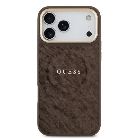 Apple iPhone 17 Pro Max Kılıf Guess Orjinal Lisanslı M-safe Şarj Özellikli Sıcak Baskılı Yazı Logolu PU Deri Peony Kapak - 21